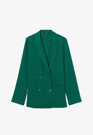 Blazer verde doppiopetto con colletto a cappotto, tasche frontali e chiusura a bottone. Realizzato in un tessuto testurizzato, con maniche lunghe.