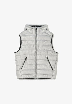 Bolygós szürke mellény kapucnival, elöl cipzárral, rugalmas karlyukakkal és két cipzáros oldalsó zsebbel. Strukturált steppelt minta.