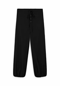 Sorte løstsiddende bukser med elastiske manchetter, knapdetalje foran og bindebånd i taljen.