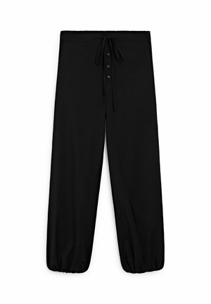 Sorte løstsiddende bukser med elastiske manchetter, knapdetalje foran og bindebånd i taljen.