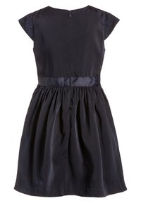 Black sleeveless dress with a fitted bodice and gathered skirt, featuring a satin waistband and a concealed zip closure at the back.