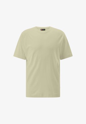 Beiges T-Shirt mit kurzen Ärmeln und Rundhalsausschnitt, mit einem schwarzen und roten Schild im inneren Kragen, einfarbige Vorderseite und lockere Passform.