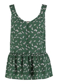 Top peplum verde con un patrón floral de hojas blancas. Presenta un cuello redondo, botones en la parte delantera y tirantes ajustables para un mejor ajuste.