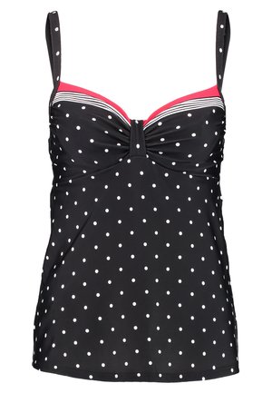 Haut de tankini noir à pois, avec des bretelles fines, un détail froncé au niveau de la poitrine et des accents rayés roses et blancs au niveau du col.