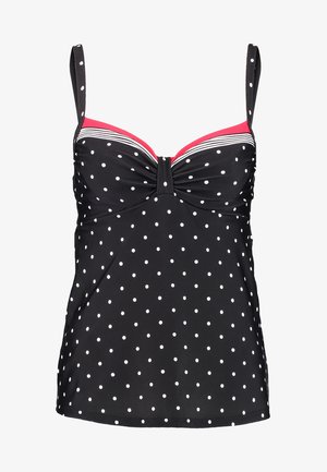 Schwarzer Tankini-Top mit Punkten, dünnen Trägern, gerafftem Brustdetail und rosa-weißen Streifenakzenten am Ausschnitt.