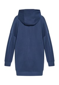 Sudadera oversized azul marino hecha de una tela suave, con capucha, mangas anchas y puños y dobladillo acanalados para un detalle adicional.