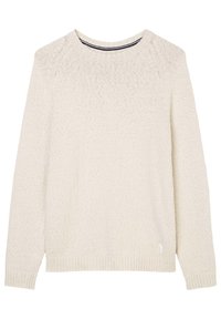 Lichtbeige gebreide sweater met een ronde hals, lange mouwen, geribde zoom en een textuurpatroon door het hele kledingstuk. Voorzien van een subtiel zijlabel.