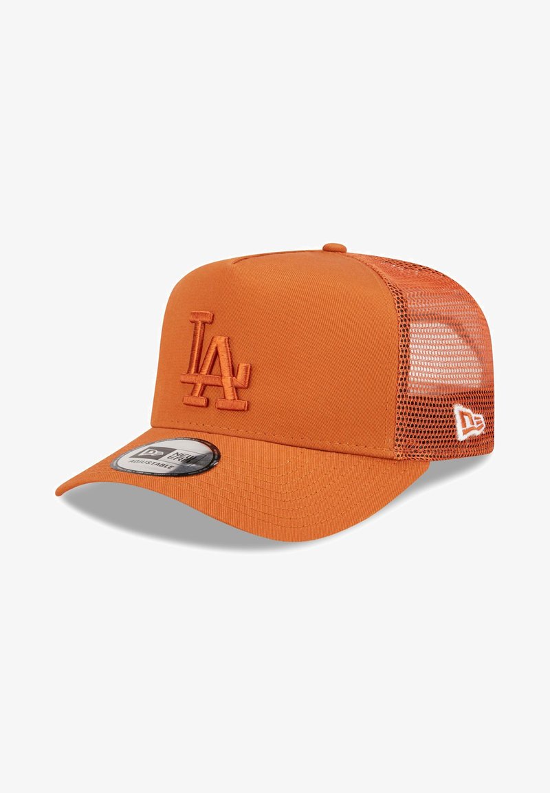 Orange cap with a solid front and mesh back, featuring an embroidered "LA" logo on the front. Curved visor and adjustable snapback closure.