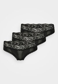 Svarta spetsunderkläder i pack om tre, med blommig spetskant, genomskinlig meshkropp och en delikat rosettdetalj fram. Mjuk textur.