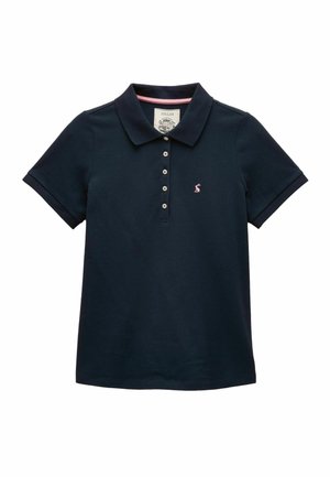 Navyblauw poloshirt met korte mouwen, vijf knopen en een roze flamingologo op de linkerborst, met een klassieke kraag.