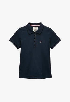 Navyblauw poloshirt met korte mouwen, vijf knopen en een roze flamingologo op de linkerborst, met een klassieke kraag.