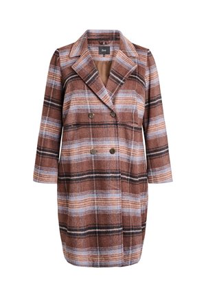 Brown plaid coat with blue, beige, and black stripes. Double-breasted design, notched lapels, and three-quarter length sleeves.