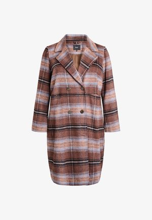 Manteau à carreaux marron avec des rayures bleues, beiges et noires. Design double boutonnage, revers crantés et manches trois quarts.