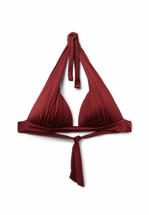 Horní díl bikin v tmavě burgundské barvě, s trojúhelníkovými košíčky, zavazováním za krk a širokým lemem se zauzleným detailem vpředu. Hladká textura látky.