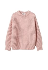 Rosa gestrickter Pullover mit strukturiertem Rippenmuster, rundem Ausschnitt und langen Ärmeln. Weiches Material mit lockerem Sitz.