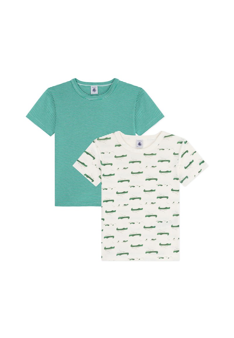 Two T-shirts: one green with horizontal stripes, the other cream with a green crocodile print. Both have crew necks and short sleeves.