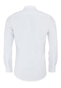 Witte lange mouwen overhemd met een klassieke kraag, manchetten met knopen en een gladde stoftextuur. Achteraanzicht toont een getailleerde pasvorm.