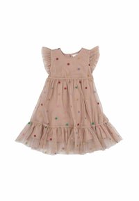 Ljusrosa klänning för småbarn med volangärmar och fåll, med flerfärgade broderade prickar och knäppning bak.