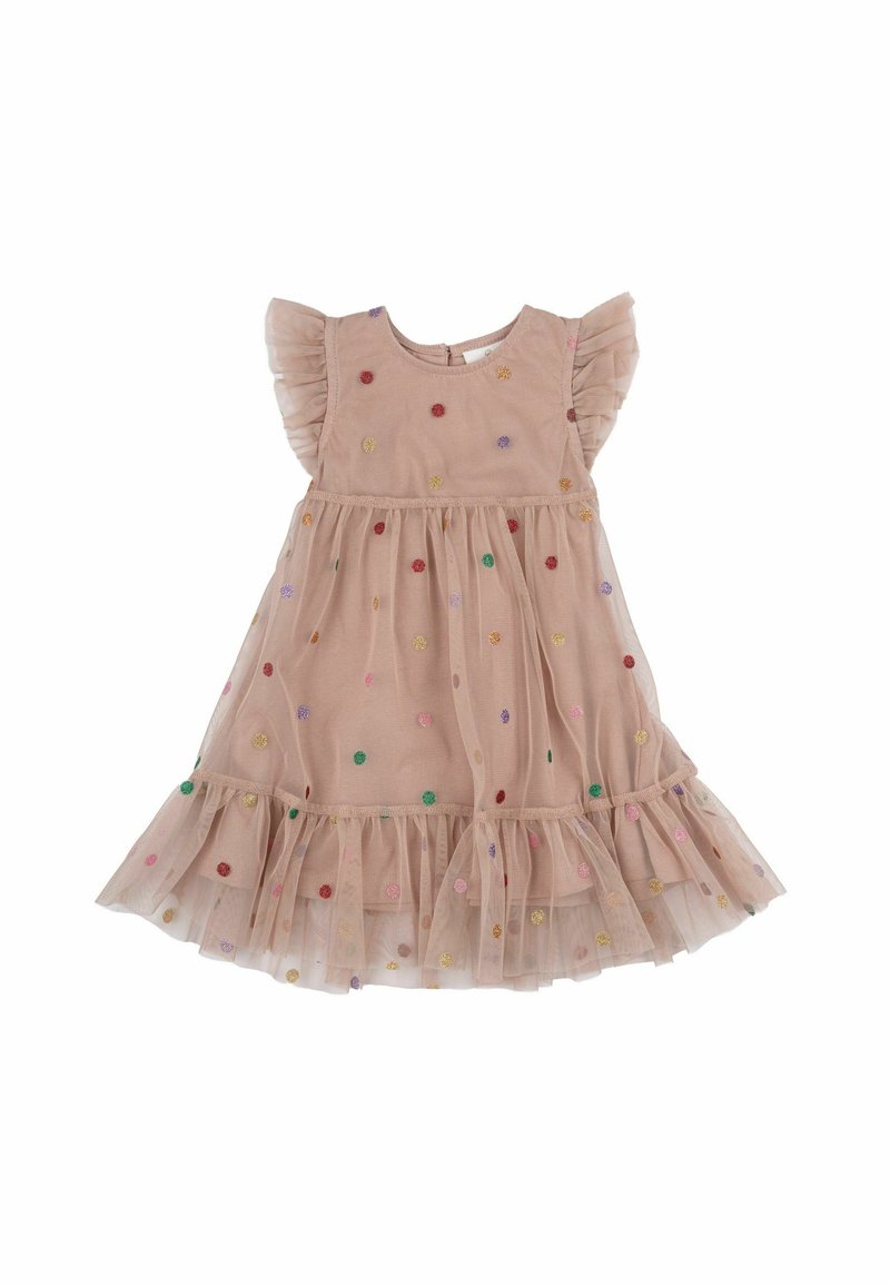 Ljusrosa klänning för småbarn med volangärmar och fåll, med flerfärgade broderade prickar och knäppning bak.