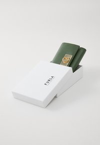 Grünes Lederportemonnaie mit goldenen Beschlägen, teilweise in einer weißen Box sichtbar. Die Box zeigt den Markennamen "FURLA" in schwarzem Text.