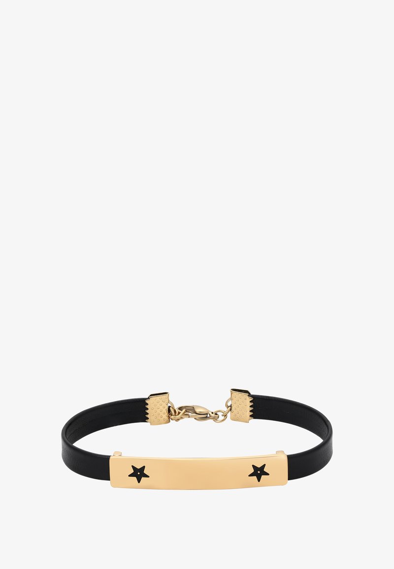 Fekete bőr karkötő, arany tónusú fémlemezzel, két fekete csillag díszítéssel és textúrált arany hardverrel a csaton.