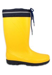 Geel rubberen laars met een marineblauwe stoffen manchetten, voorzien van een trekkoordsluiting en een gestructureerde zwarte zool voor grip.