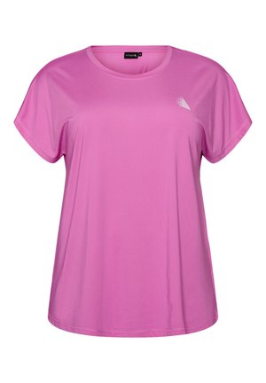 Kortærmet pink sports t-shirt til kvinder med rund halsudskæring og lille hvidt logo på øvre venstre bryst.