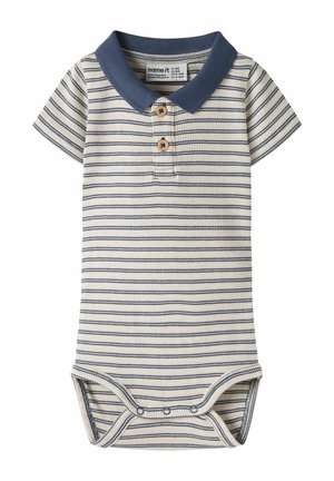 Paskiśony body dziecięcy w kremowym i granatowym kolorze, z kołnierzykiem polo, trzema drewnianymi guzikami oraz zapięciami na zatrzaski na dole. Miękka, teksturowana tkanina.
