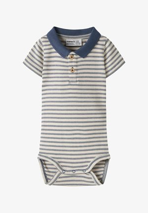 Paskiśony body dziecięcy w kremowym i granatowym kolorze, z kołnierzykiem polo, trzema drewnianymi guzikami oraz zapięciami na zatrzaski na dole. Miękka, teksturowana tkanina.