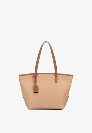 Beige tote bag with dual handles, subtle floral pattern, and leather tag accent, designed for everyday use and spacious carry.