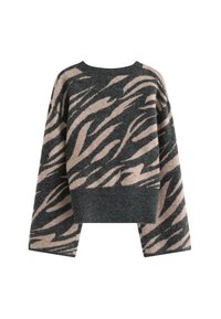 Strikket sweater med en mørkegrøn base og et beige tigerstribemønster. Brede ærmer og rund halsudskæring. Blød tekstur.