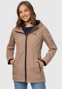 Beige waterproof jacket with a hood, zipper front, two side pockets, elastic cuffs, and a logo on the sleeve. Smooth texture, lightweight design.