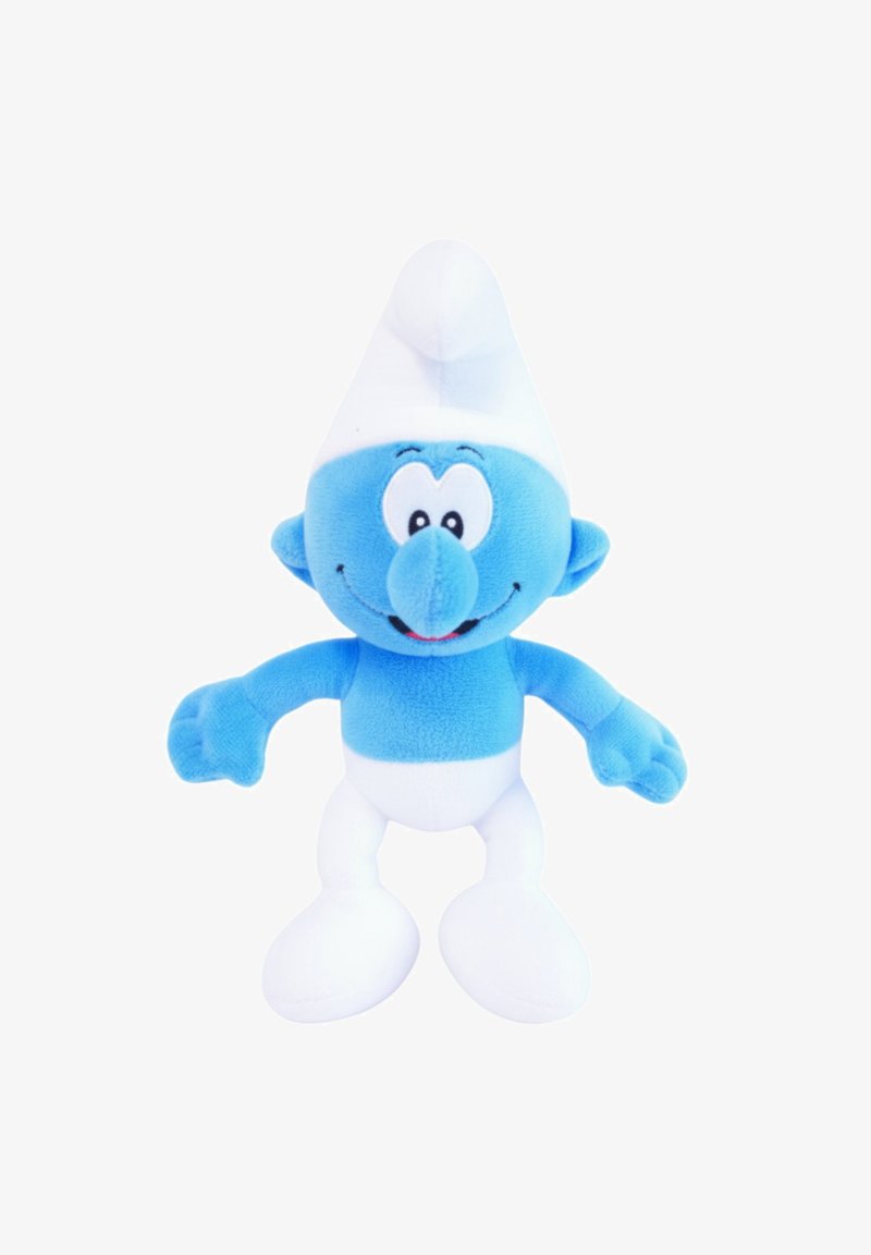 Blauw pluche speelgoedfiguur met een groot hoofd, opvallende neus, witte hoed en schoenen. Zachte textuur en cartoonachtige gelaatskenmerken.