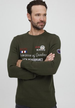 Tamnozeleni pleteni džemper s rebrastim manžetama i rubom. Sadrži izvezeni tekst u raznim bojama i značku na lijevom rukavu.