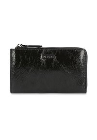Black zippered wallet made of patent leather. Features a textured surface and embossed brand logo on the front. Rectangular shape.