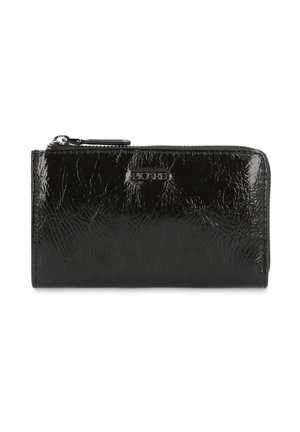 Black zippered wallet made of patent leather. Features a textured surface and embossed brand logo on the front. Rectangular shape.