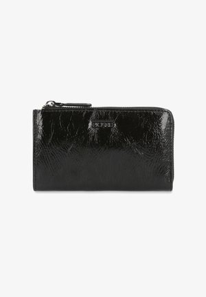 Black zippered wallet made of patent leather. Features a textured surface and embossed brand logo on the front. Rectangular shape.