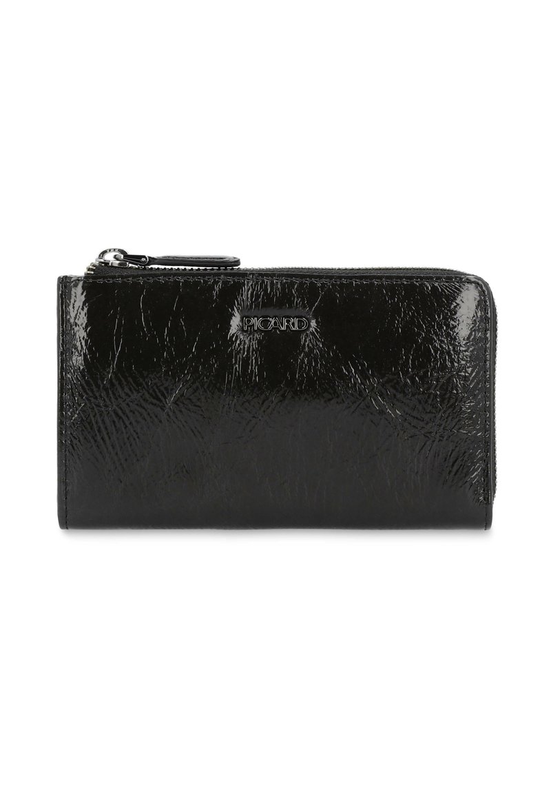 Black zippered wallet made of patent leather. Features a textured surface and embossed brand logo on the front. Rectangular shape.