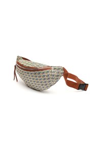 Marsupio in tessuto con pattern e chiusura con zip; presenta una tracolla regolabile marrone e una forma arrotondata simile a una borsa.