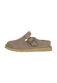 Suede clogs in light brown with a rounded toe, open back, adjustable buckle, and a textured rubber sole. Simple, functional design.