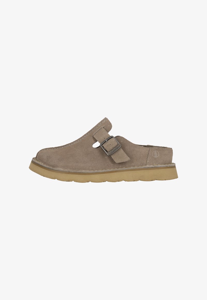 Suede clogs in light brown with a rounded toe, open back, adjustable buckle, and a textured rubber sole. Simple, functional design.