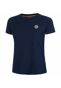 Dunkelblaues T-Shirt mit Rundhalsausschnitt aus weichem Baumwollstoff, versehen mit einem kleinen weißen Rundlogo auf der linken Brustseite und kurzen Ärmeln.