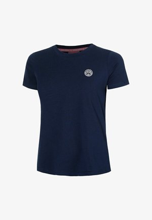 Navyblauw t-shirt met ronde hals, gemaakt van zacht katoen, met een klein wit rond logo op de linkerkant van de borst en korte mouwen.
