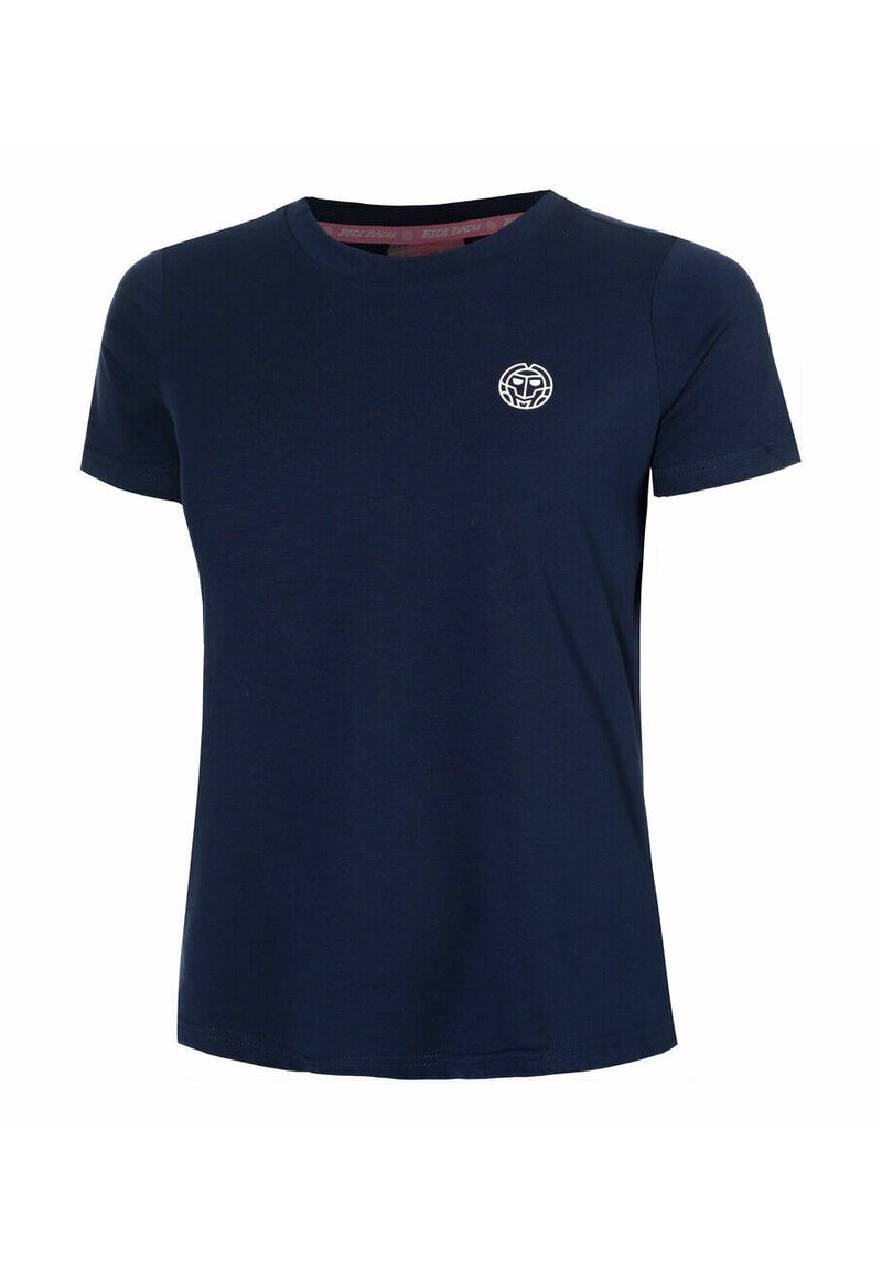 Dunkelblaues T-Shirt mit Rundhalsausschnitt aus weichem Baumwollstoff, versehen mit einem kleinen weißen Rundlogo auf der linken Brustseite und kurzen Ärmeln.