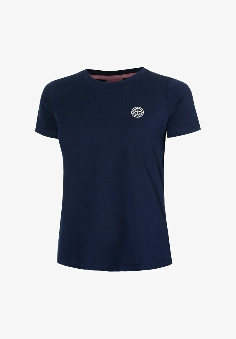 Dunkelblaues T-Shirt mit Rundhalsausschnitt aus weichem Baumwollstoff, versehen mit einem kleinen weißen Rundlogo auf der linken Brustseite und kurzen Ärmeln.