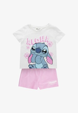 White T-shirt with blue cartoon Stitch, pink "ALOHA" text, flowers, paired with pink shorts printed with "'OHANA, means family."
