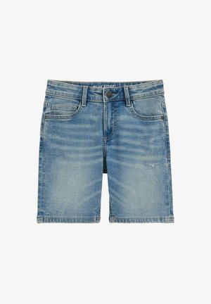 Svetlo modri jeans kratke hlače z žepi spredaj, zanko za pas, zapenjanjem na gumbe in bledimi podrobnostmi na stegnih in blizu žepov.