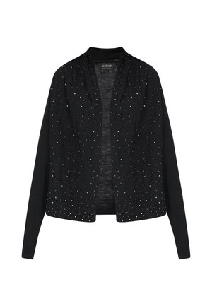 Musta avoin neuletakki pitkillä hihoilla, koristeltu pienillä ripotelluilla hopeisilla pisteillä.