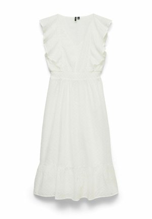 Robe midi blanche sans manches avec col en V, épaules à volants, taille cintrée et détails en tissu œillet.