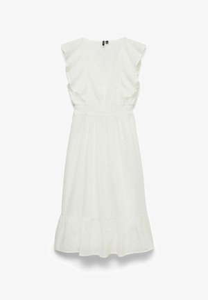 White sleeveless midi dress with V-neck, ruffled shoulders, cinched waist, and eyelet fabric detailing.